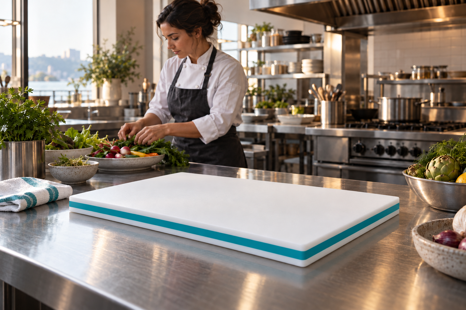 White and teal-core LoopBoard design on a professional kitchen prep counter.