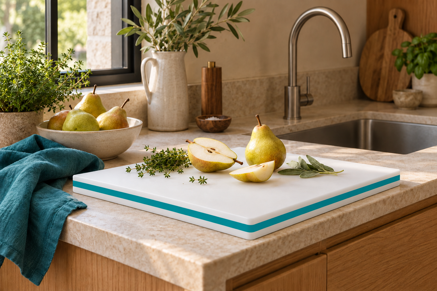 White and teal-core LoopBoard design in a residential kitchen.